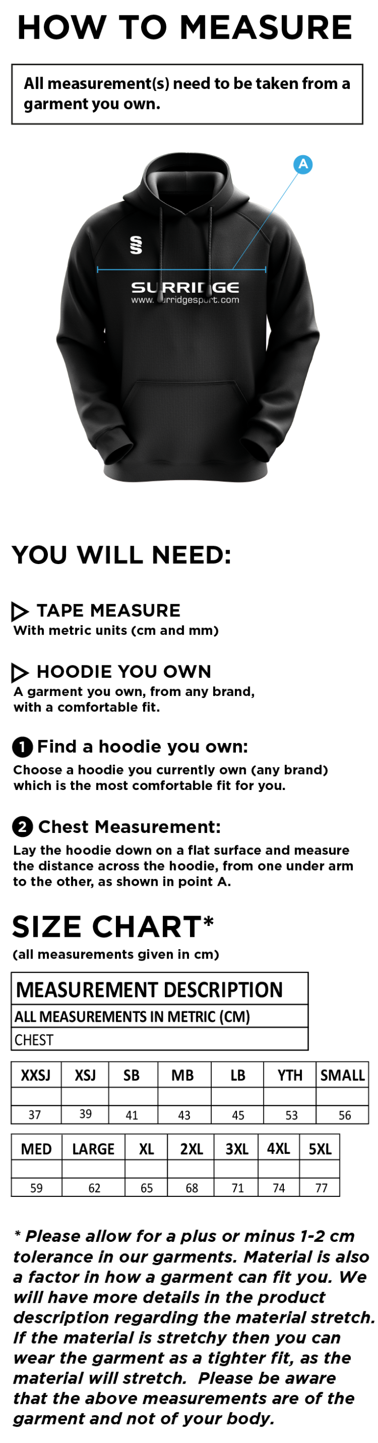 Trinity Mid-Whitgiftian CC - Fuse Hoody - Size Guide