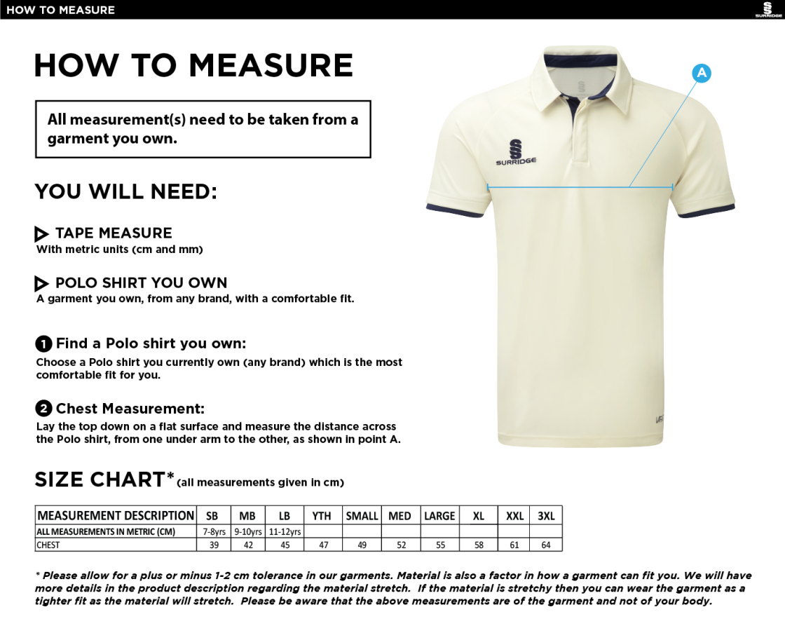 Trinity Mid-Whitgiftian CC - Ergo Short Sleeved Playing Shirt - Size Guide