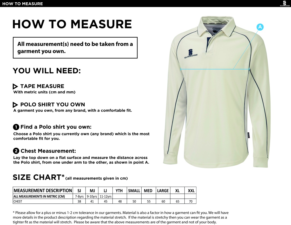 Trinity Mid-Whitgiftian CC  - Premier Long Sleeved Playing Shirt - Size Guide