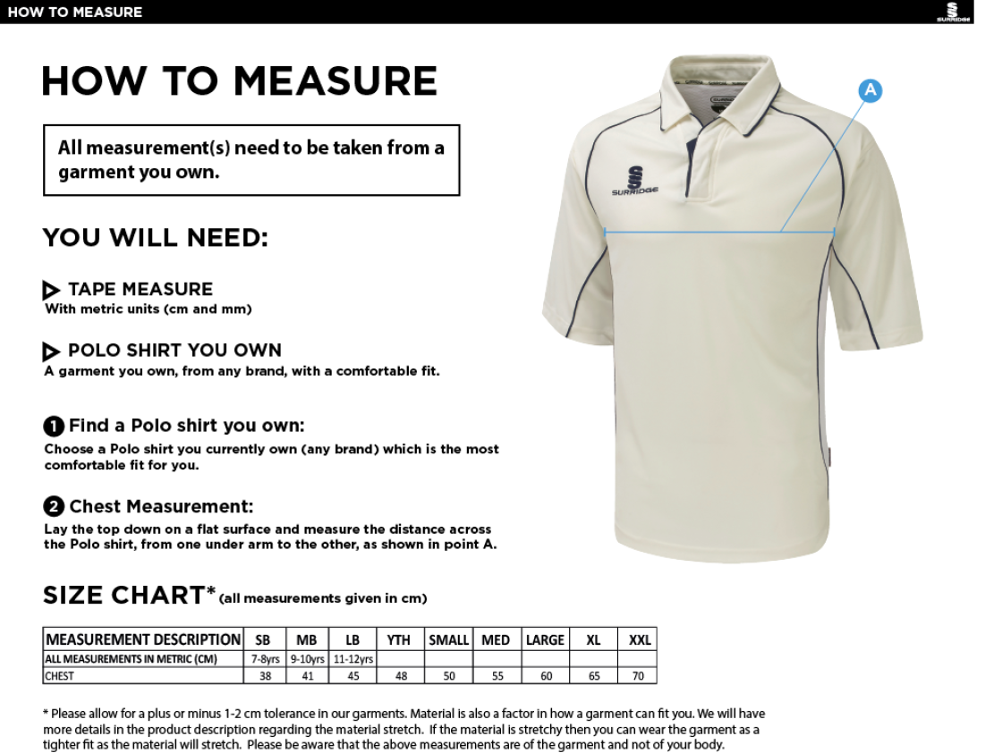 Trinity Mid-Whitgiftian CC - Premier 3/4 sleeved playing shirt - Size Guide