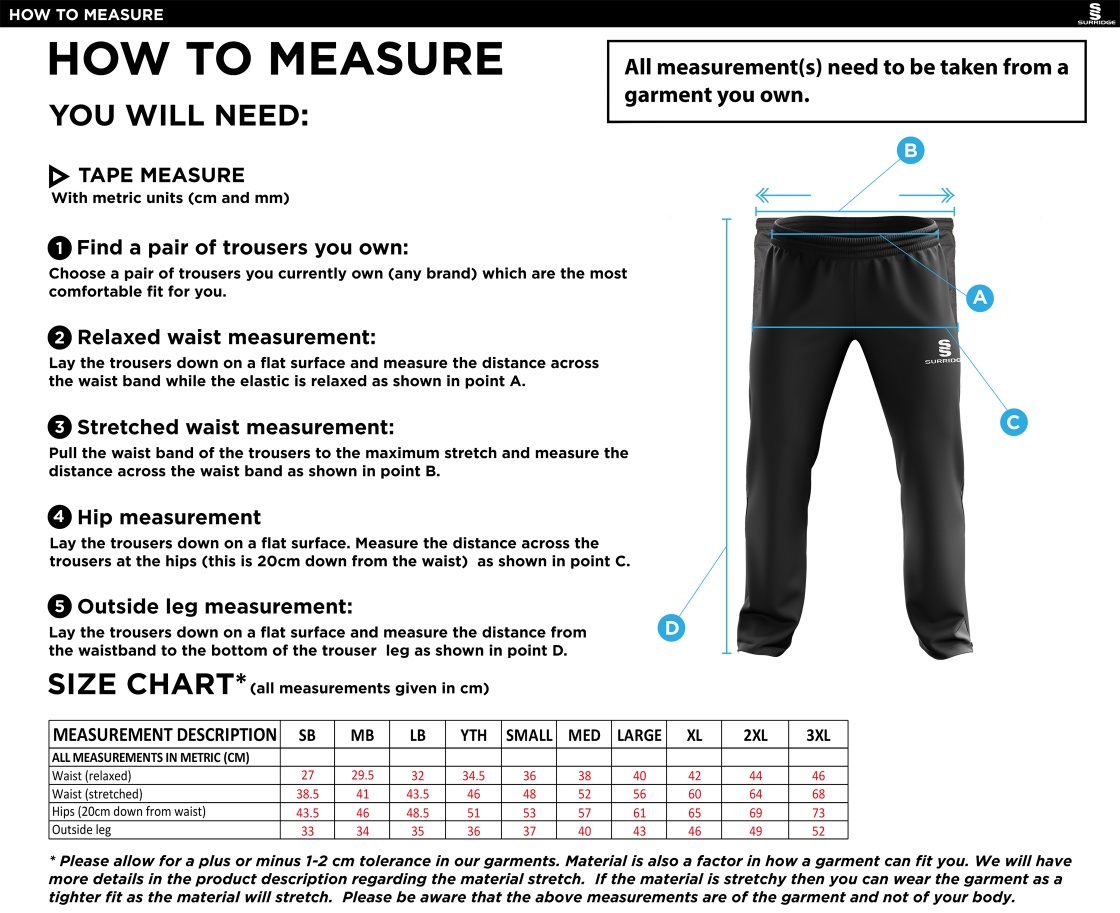 Trinity Mid-Whitgiftian CC - Tracksuit Pant - Size Guide