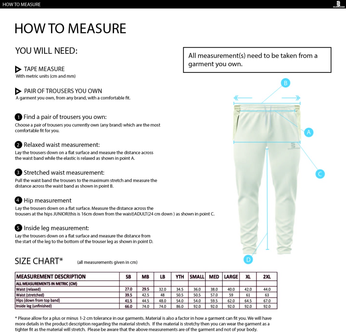 Trinity Mid-Whitgiftian CC - Playing Cricket Trousers - Size Guide