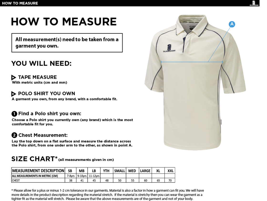 Trinity Mid-Whitgiftian CC - Premier 3/4 sleeved playing shirt - Size Guide