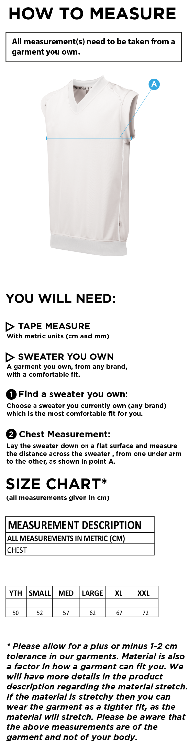 Trinity Mid-Whitgiftian CC - Sleeveless Sweater - Size Guide