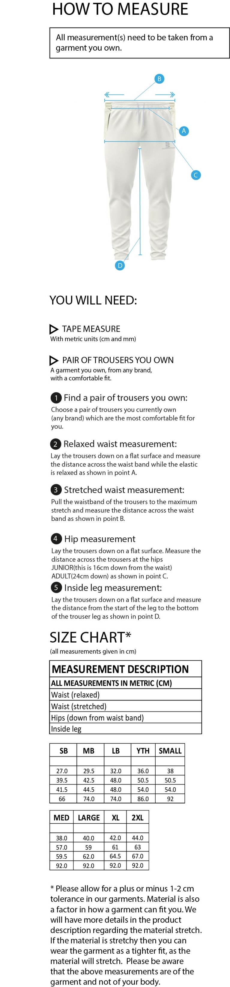 Trinity Mid-Whitgiftian CC - Playing Cricket Trousers - Size Guide